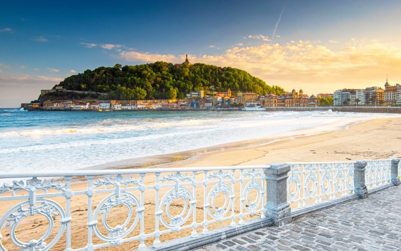 The beach of La Concha with its trademark white banister
