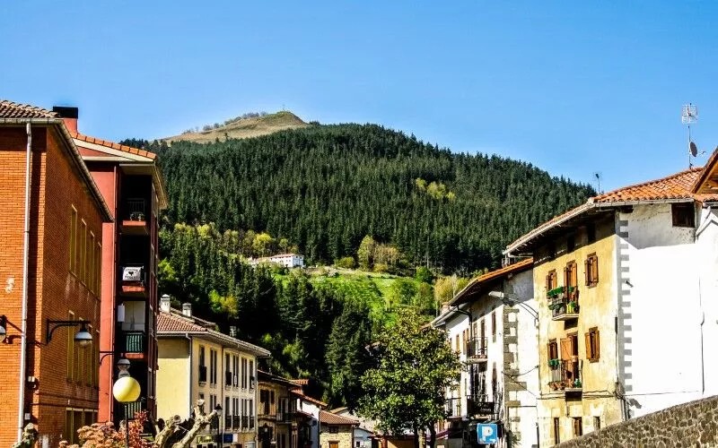 Some houses and a mountain in the background